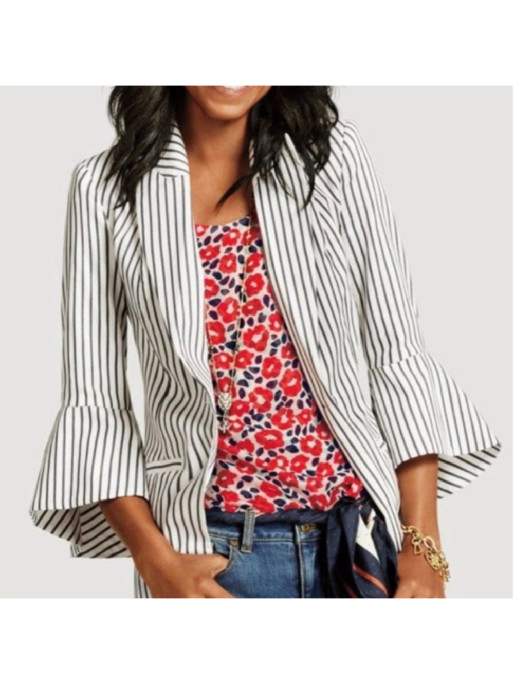 Cabi Bell Jacket Women’s Striped Size 10 Blazer White Blue Flared Sleeves Pocket